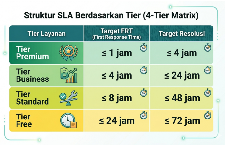 Tabel struktur SLA 4 tier untuk manajemen layanan pelanggan perusahaan Indonesia